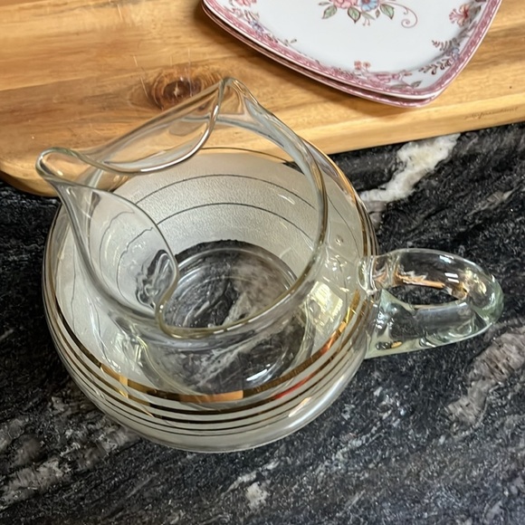 MCM Elegant Vintage Glass Pitcher with Gold Stripes 8" Tall - Picture 3 of 8